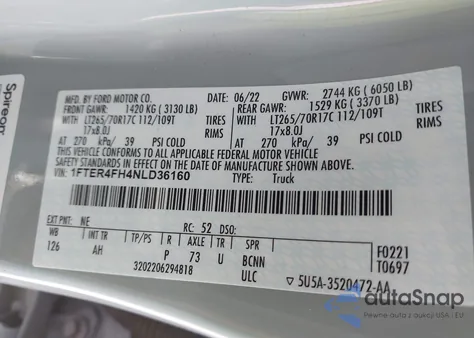 2022 Ford Ranger Xlt z USA, uszkodzony, nr VIN 1FTER4FH4NLD36160